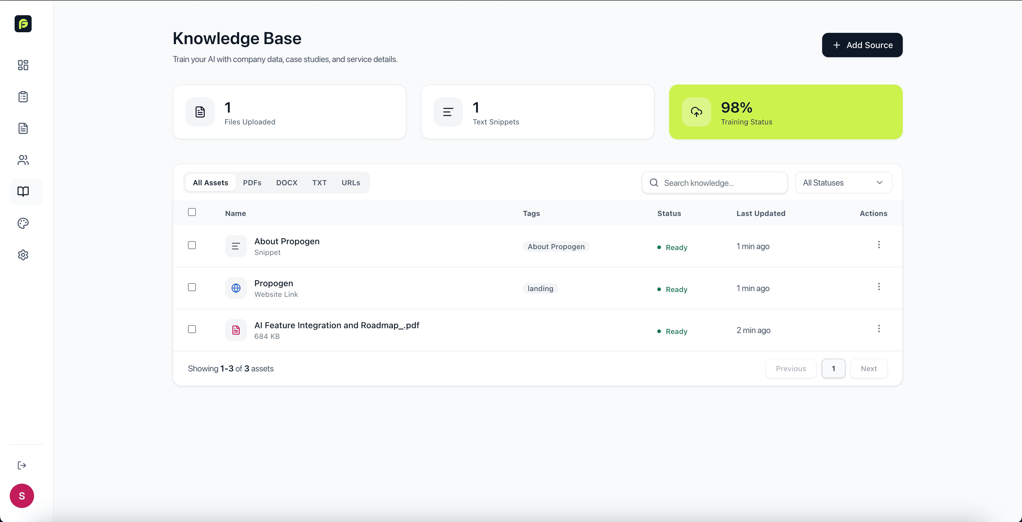 Propogen client context and knowledge base